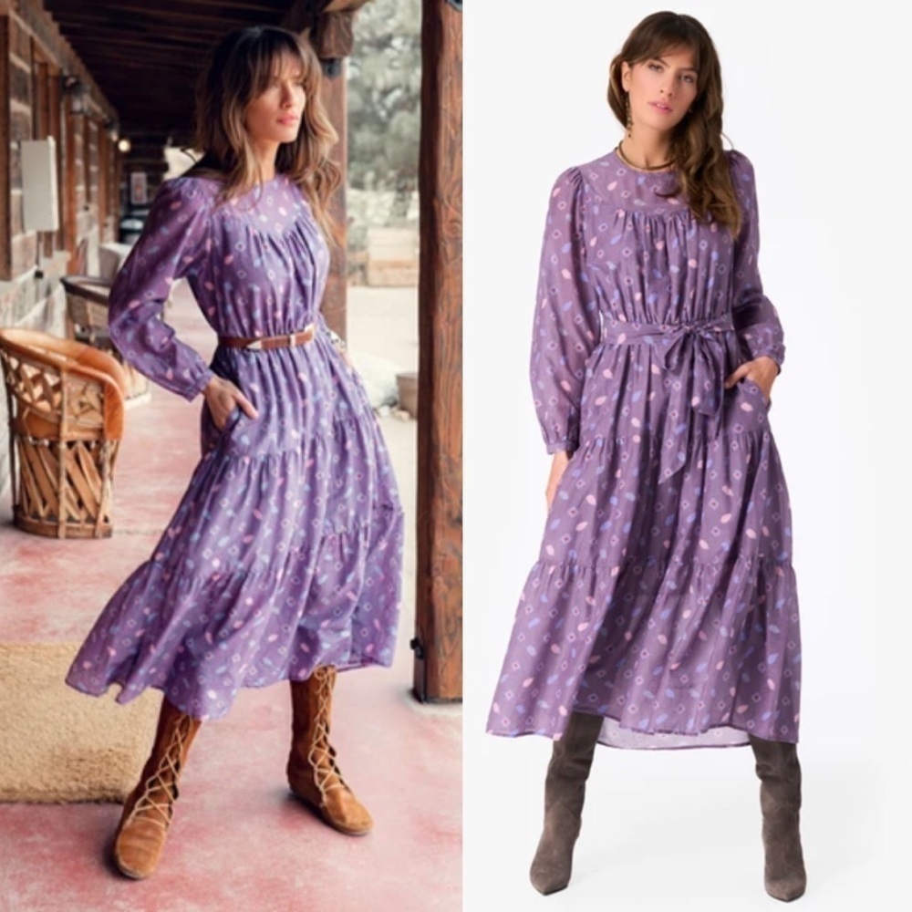 XÍRENA Misty Silk Cotton Blend Midi Dress in Plume Print Purple Medium